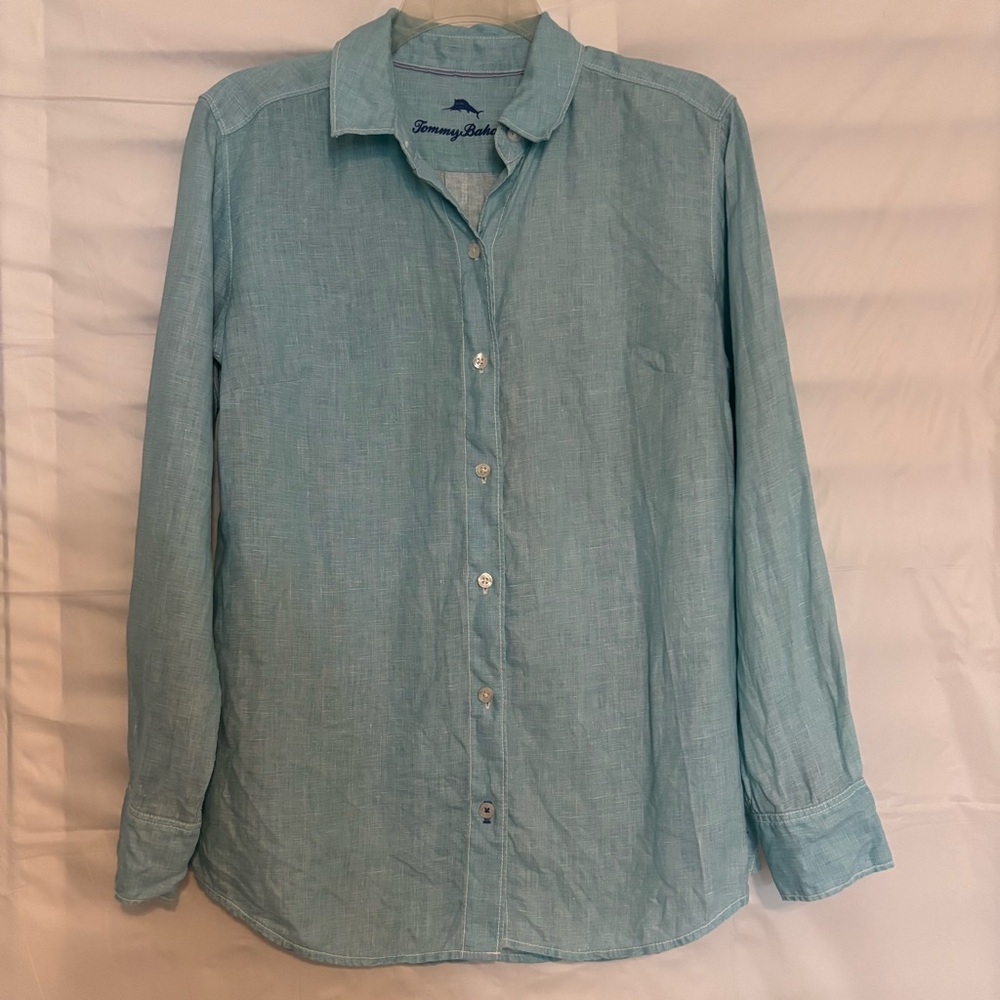 New Tommy Bahama Women’s Blue Linen Casual Button Down Shirt